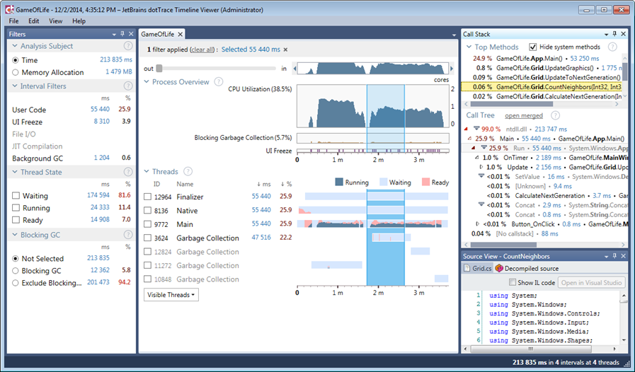 dotTrace 6 timeline profiling using ETW analyzes threads, memory, I/O
