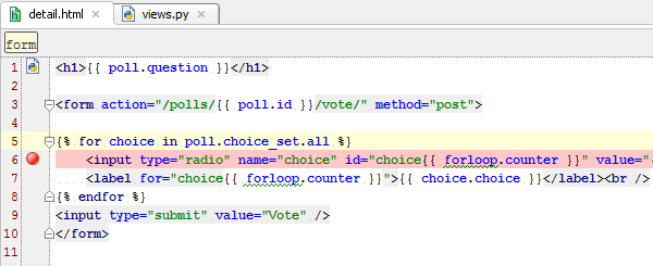 Set a breakpoint in template file