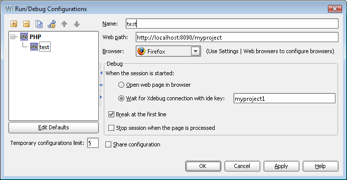 PHP run configuration