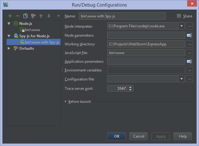 Run/Debug configuration for Spy-js with Node.js