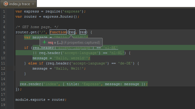 Trace node.js function stack