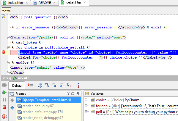 PyCharm: Django template debugger