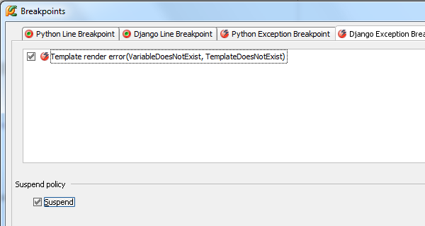 Django template exception breakpoint