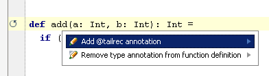 An intention to add @tailrec annotation