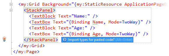 ReSharper offers to import types for pasted XAML code