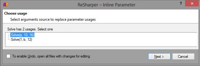 ReSharper 8 Inline Parameter Choose Usage Dialog