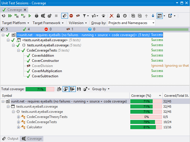 Unit test runner showing dotCover custom code coverage results pane