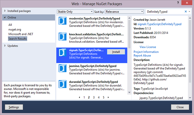 NuGet search for DefinitelyTyped packages