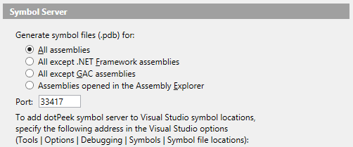 Symbol server options in dotPeek 1.2 EAP