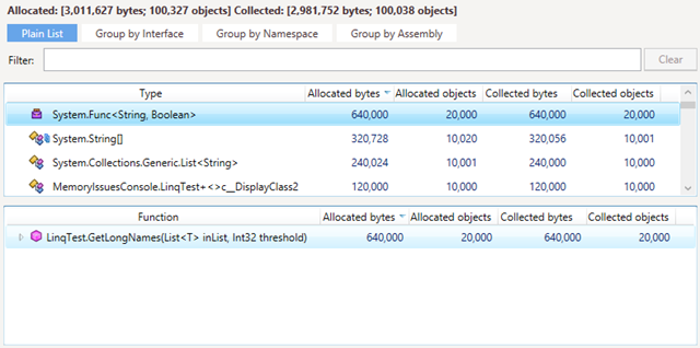 LINQ caching shown in dotMemory