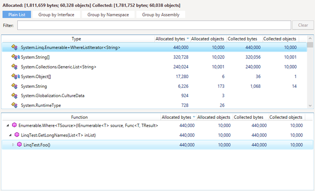 LINQ iterator allocation shown in dotMemory