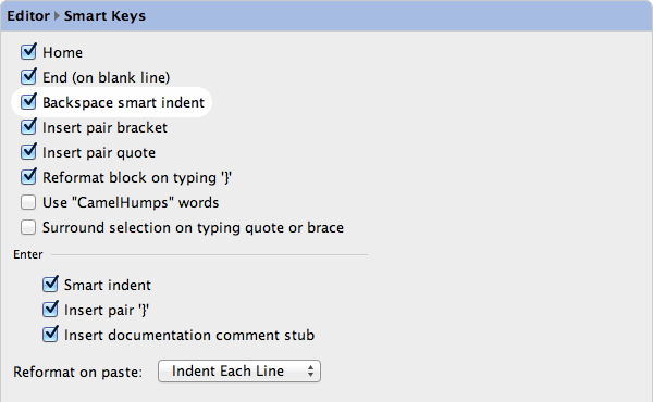 Backspace Smart Indent Settings