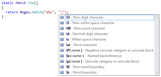 code completion for regular expressions in ReSharper 9