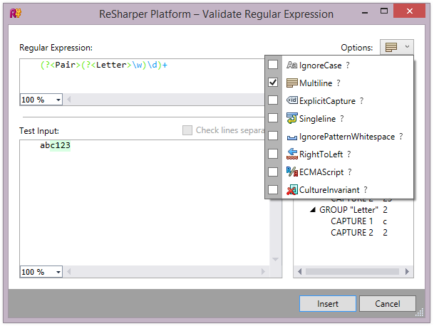 Regular Expression match options in ReSharper 9