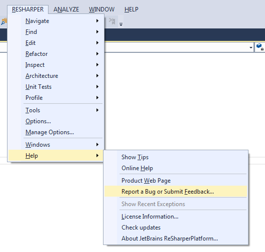 Reporting feedback on ReSharper and other JetBrains .NET tools  from Visual Studio