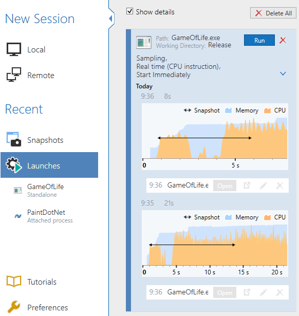 Recent snapshots and profiling sessions