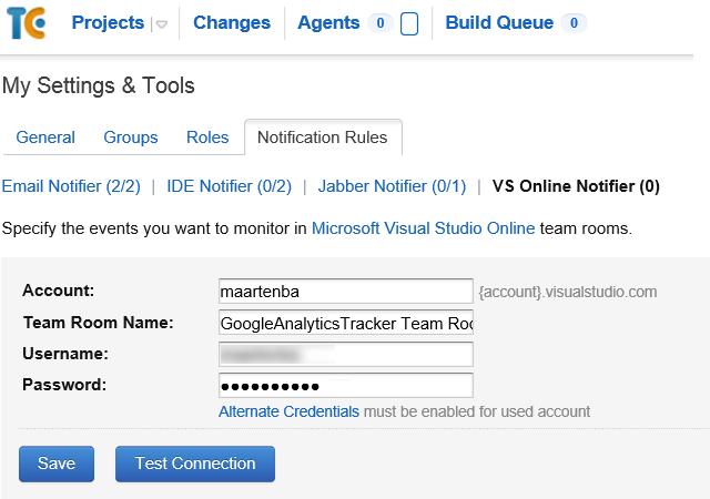 Setup Visual Studio Online Team Room notifications