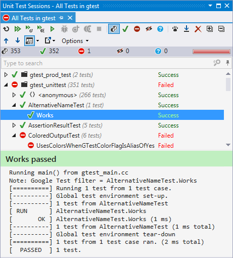 ReSharper C++ 1.1 can run unit tests based on Google Test framework