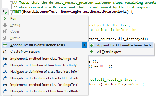 Invoke tests or test cases from a ReSharper C++ context menu