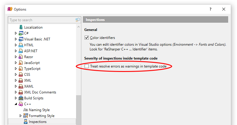 ReSharper C++ Treat resolve errors as warnings in template code