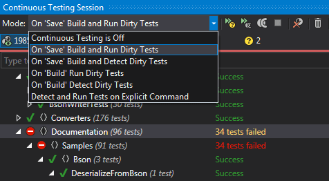 Continuous Testing Session tool window