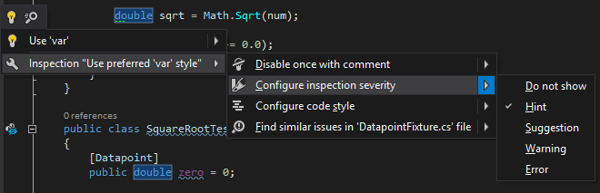 Configuring inspection severity from bulb menu in ReSharper 10