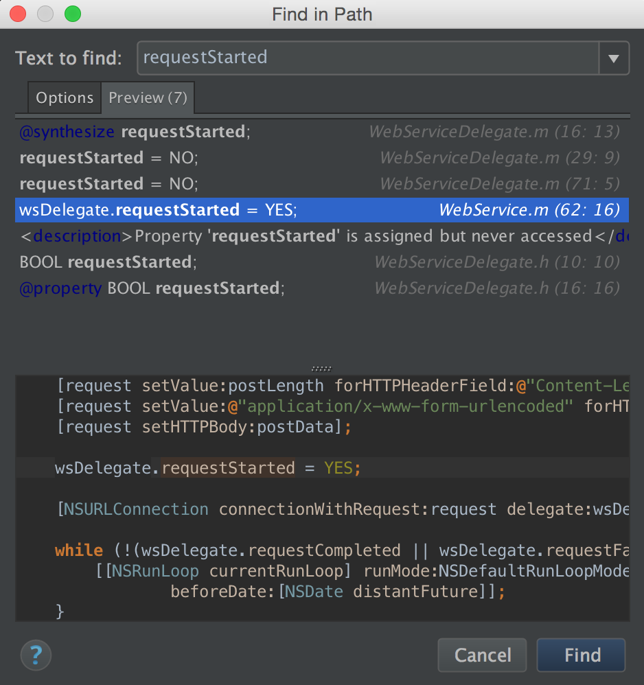 appcode dismiss find in path