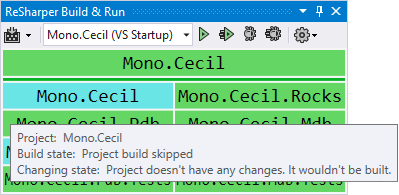 ReSharper Build and Run tool window showing tooltips for status