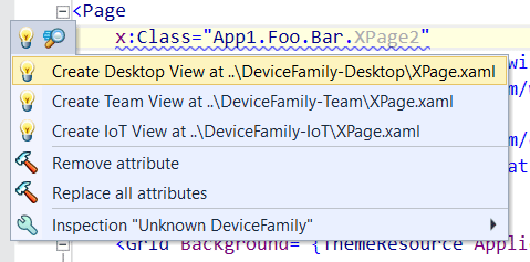 Quick fixes to support device family-specific XAML views in UWP applications