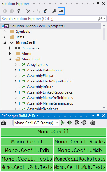 ReSharper Build and Run showing the projects colour coded for status