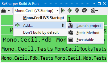 ReSharper Build tool window showing run configurations menu