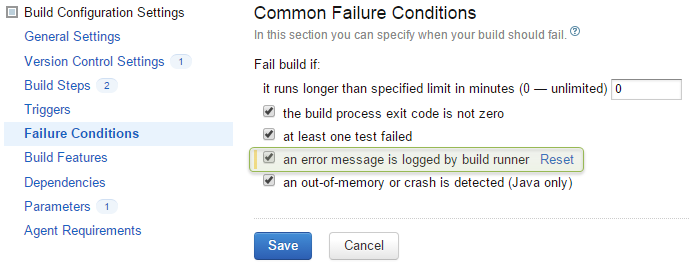 Build step failure condition