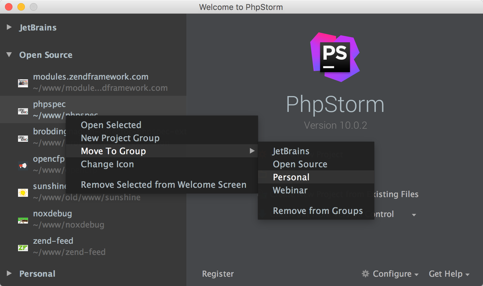 New Project Management Window in PhpStorm 10.