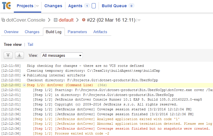 dotCover errors in TeamCity log