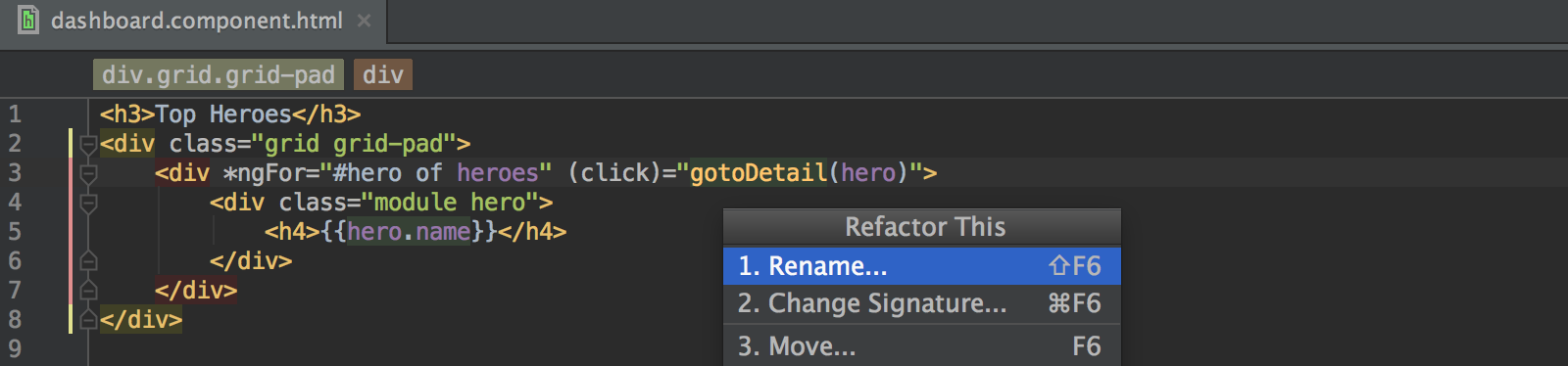 using snippets webstorm angular 2