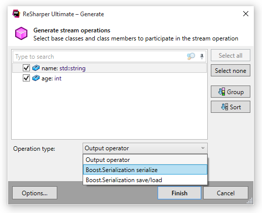 ReSharper C++ Stream Output Private Boost.Serialize Operations