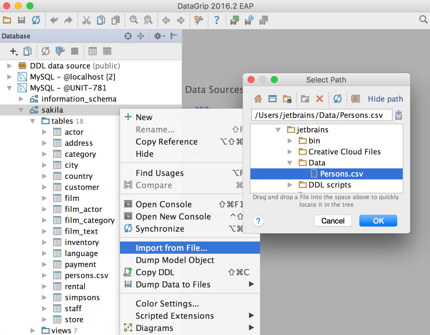 datagrip import csv paranthesis