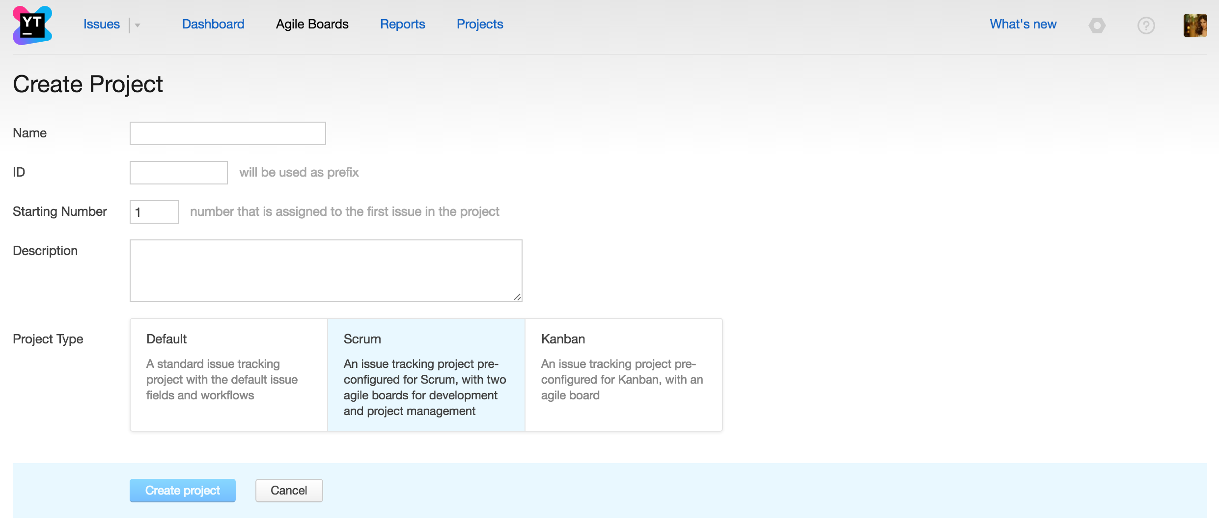 youtrack create project