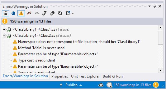 Warnings in solution-wide analysis