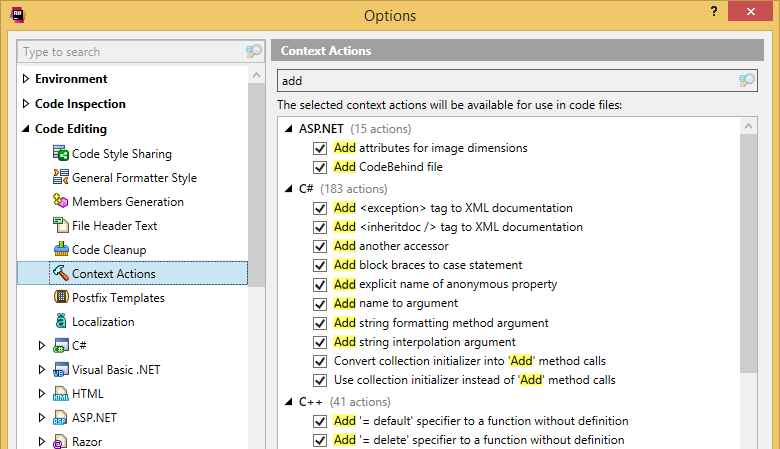 Unified settings of context actions