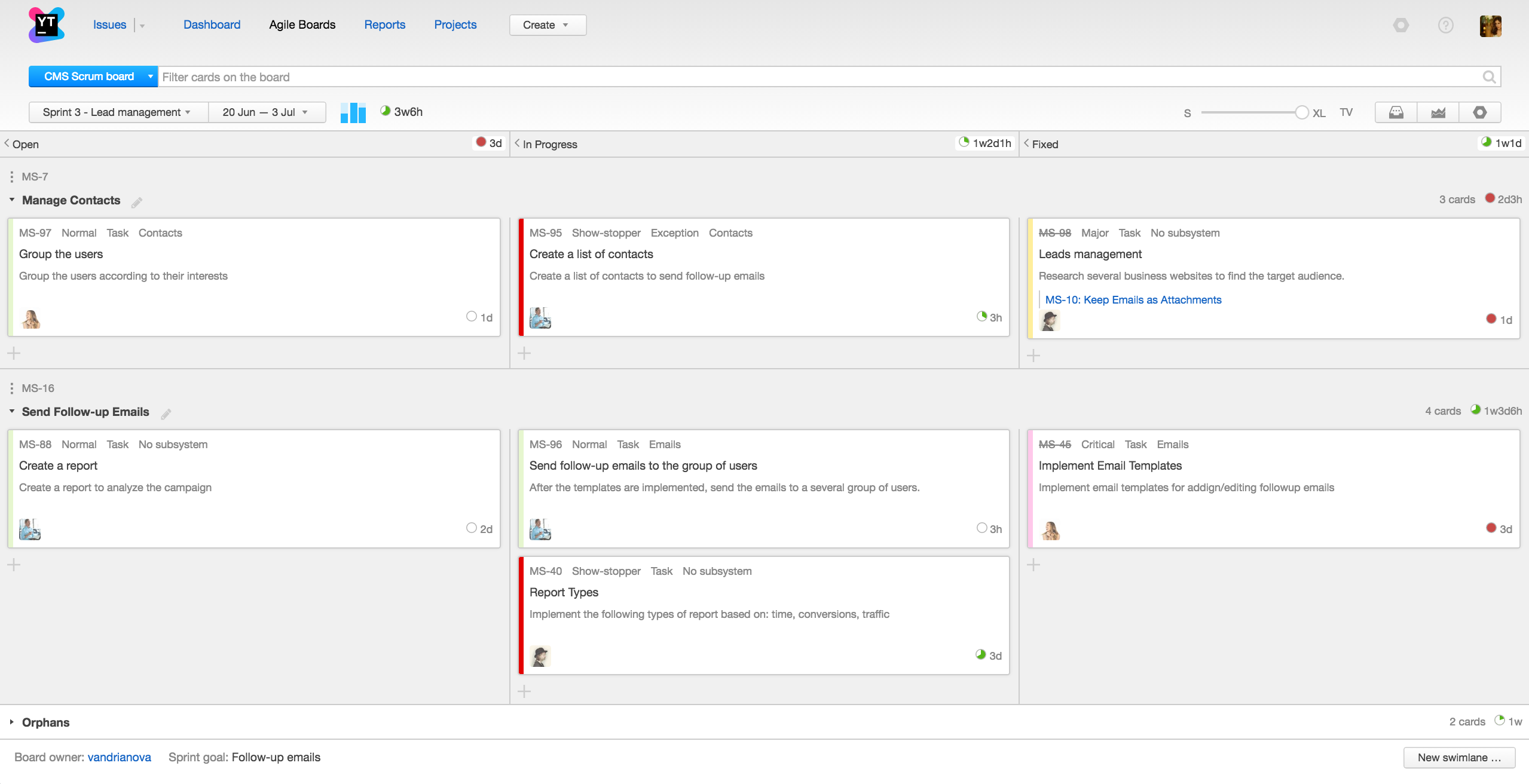 youtrack change sprints agile board