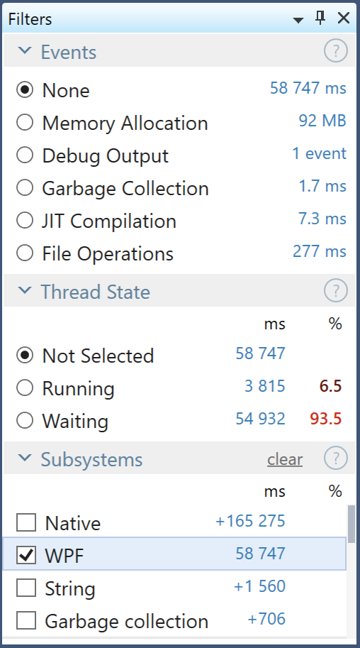 dotTrace Timeline view subsystem filters