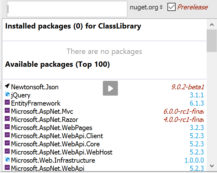 NuGet tool window