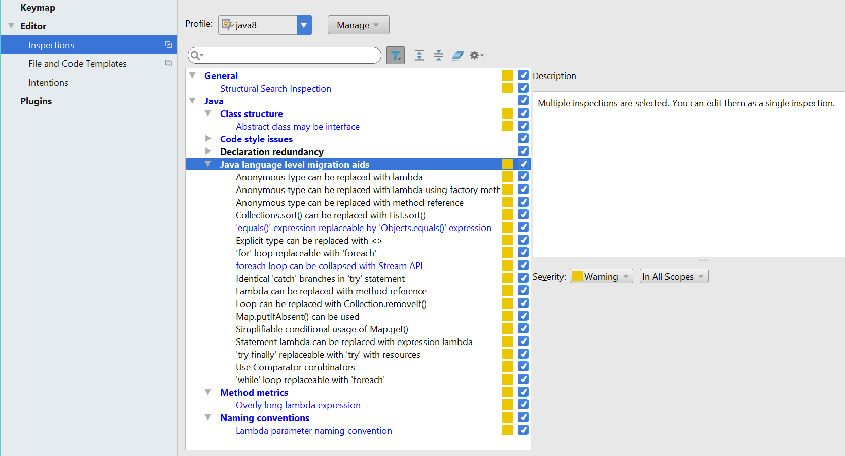 IntelliJ IDEA Inspection Settings for Refactoring to Java 8