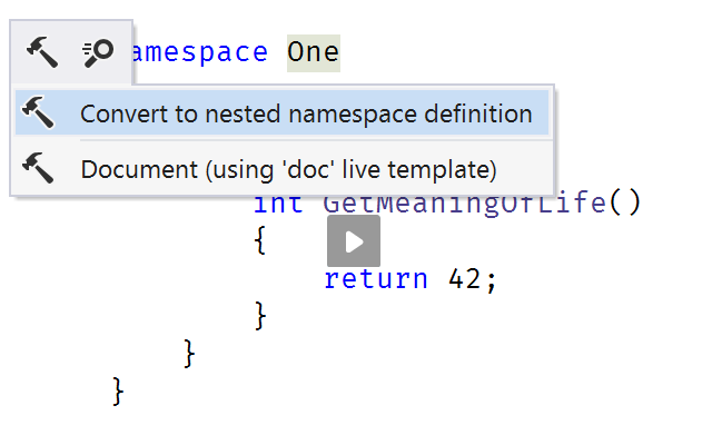 Convert to nested namespaces context action