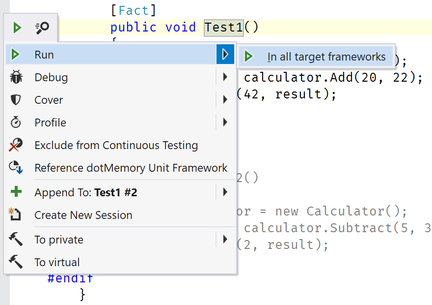 Alt+Enter menu showing run in all target frameworks