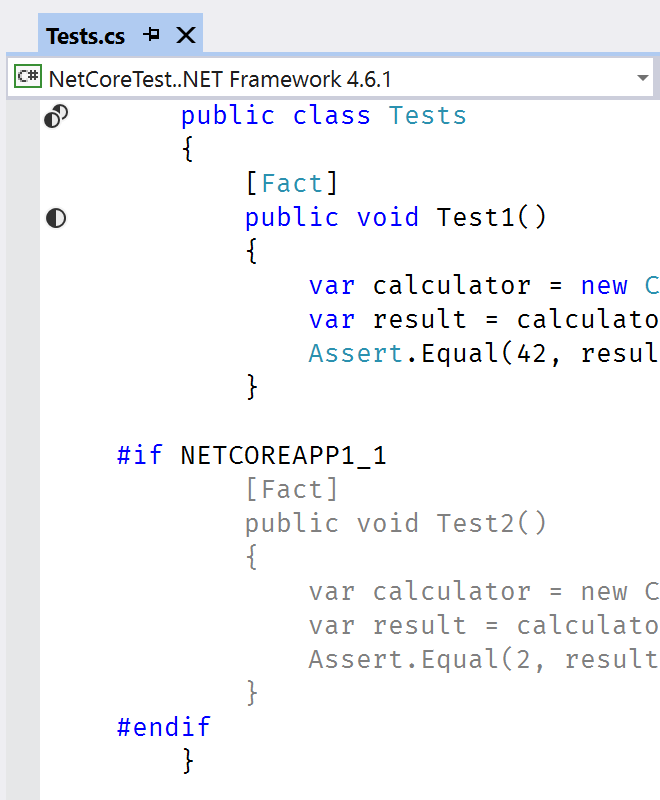 Greyed out code due to target framework and #define