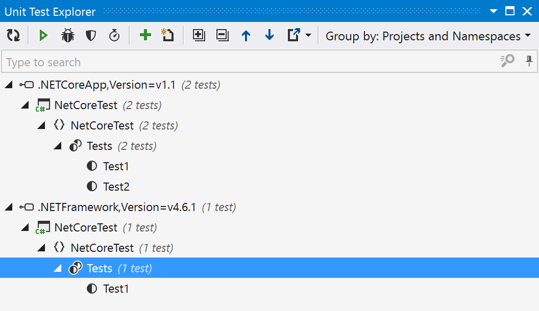 Unit test explorer showing multiple target frameworks