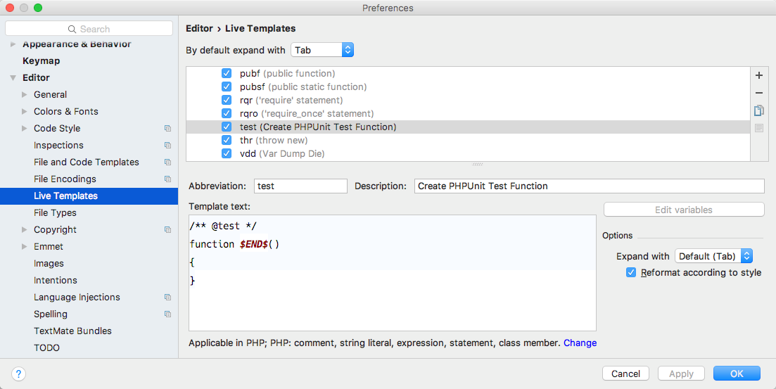 phpstorm live templates