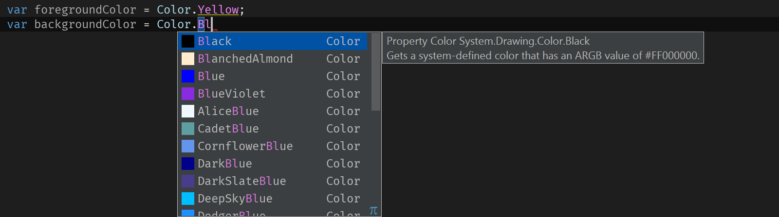 Code completion for colors